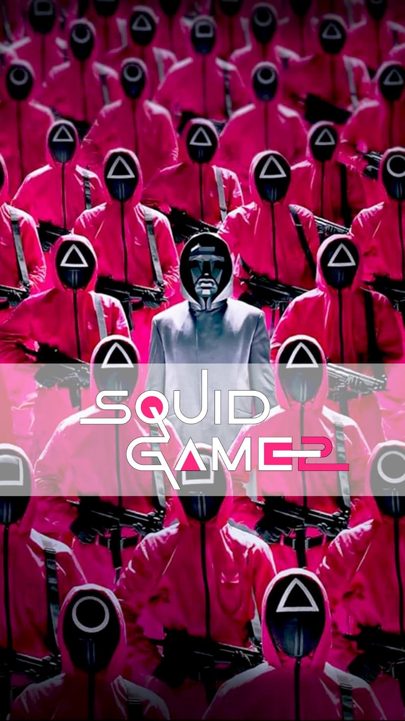 Masked guards wearing pink jumpsuits and black mesh face shields with white geometric shapes stand in a dark room.