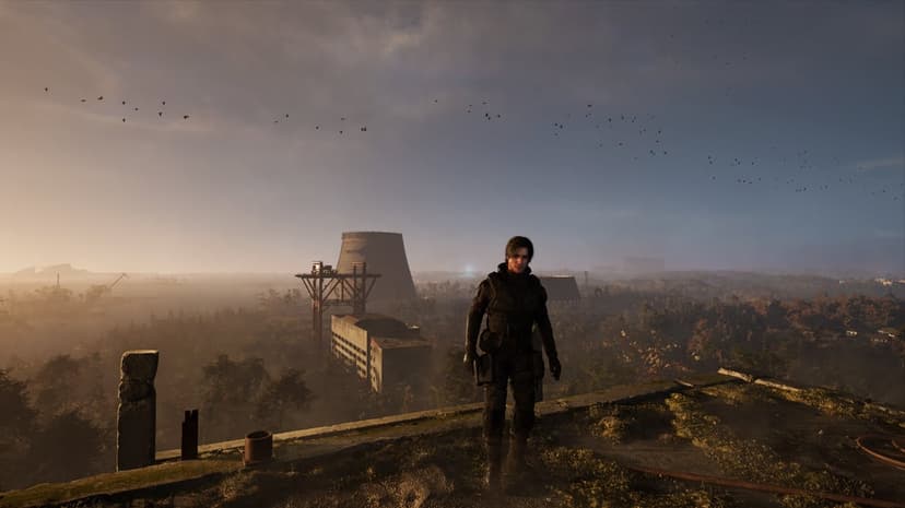 Lone man in black tactical gear on a rooftop overlooking a misty post-apocalyptic city with a cooling tower.
