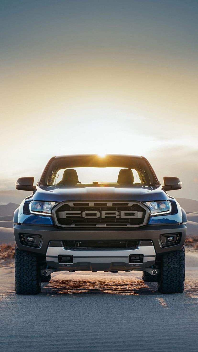 Blue Ford Ranger Raptor truck driving through desert sand dunes during a golden sunset with a prominent grille.