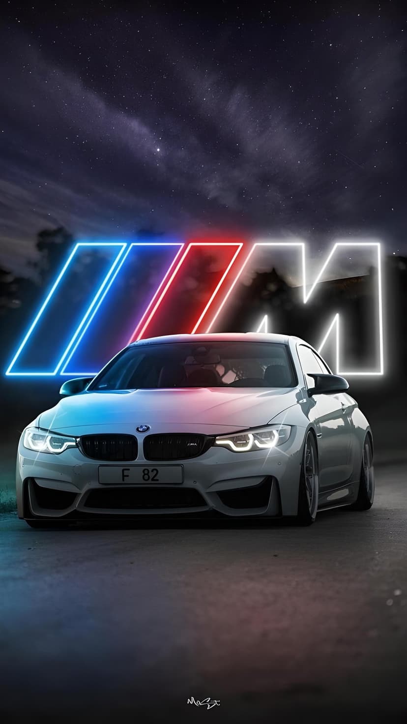 White BMW M car parked under a starry night sky with a glowing blue and red neon M logo reflected on its surface.
