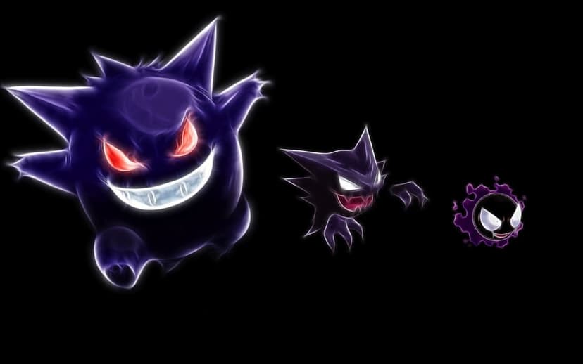 Glowing neon Gengar, Haunter, and Gastly silhouettes with red eyes and white smiles on a black background.