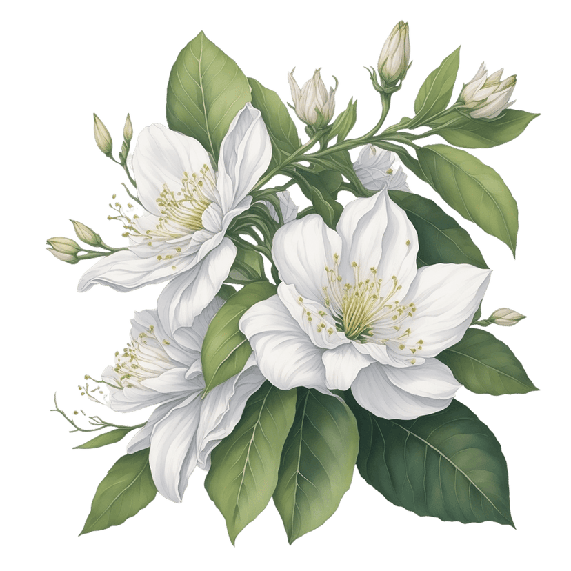 White rose bush featuring dense ivory blooms, closed buds, and lush green foliage on a transparent background.