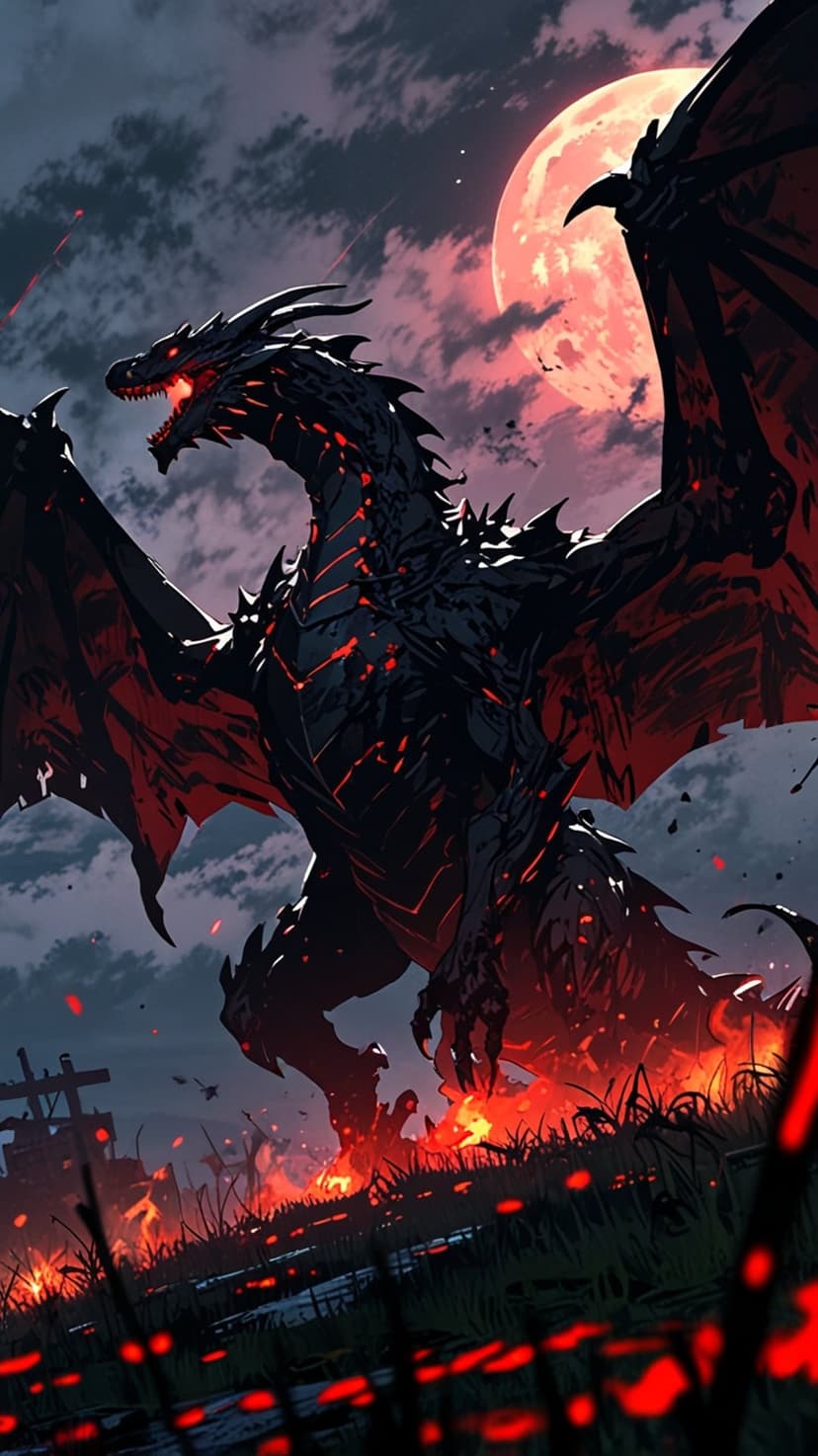 Obsidian dragon with glowing red scales stands in a volcanic landscape beneath a large crimson blood moon.