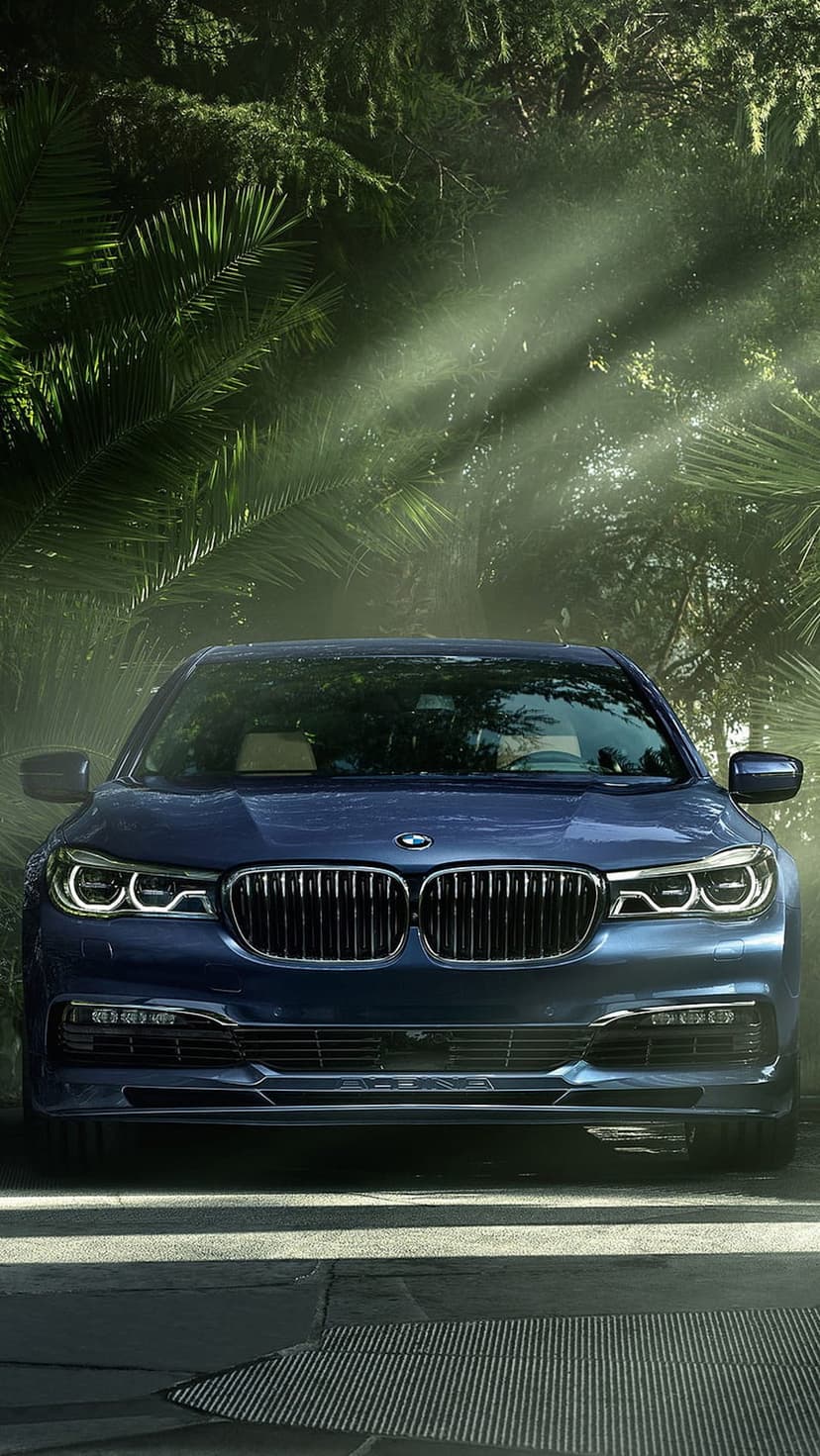 Dark blue BMW sedan parked in a misty tropical jungle with golden sunbeams filtering through dense green leaves.