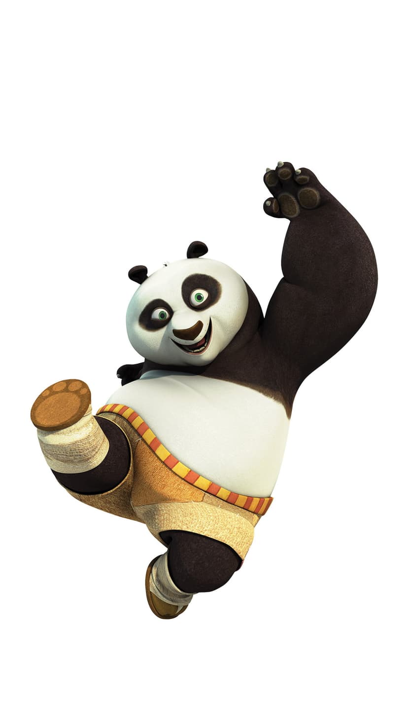 Po the panda mid-kick wearing orange striped pants with a wide grin and determined eyes on a white background.