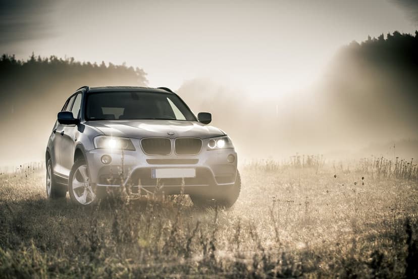 Silver BMW SUV navigating a foggy field of tall grass at dawn with illuminated headlights and distant trees.