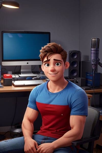 Animated Man at Computer Desk with Microphone