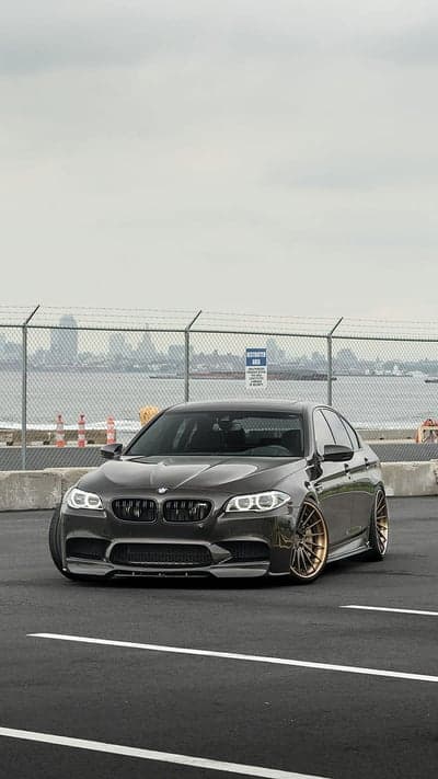 Dark BMW M5 Sedan with Gold Wheels by Water
