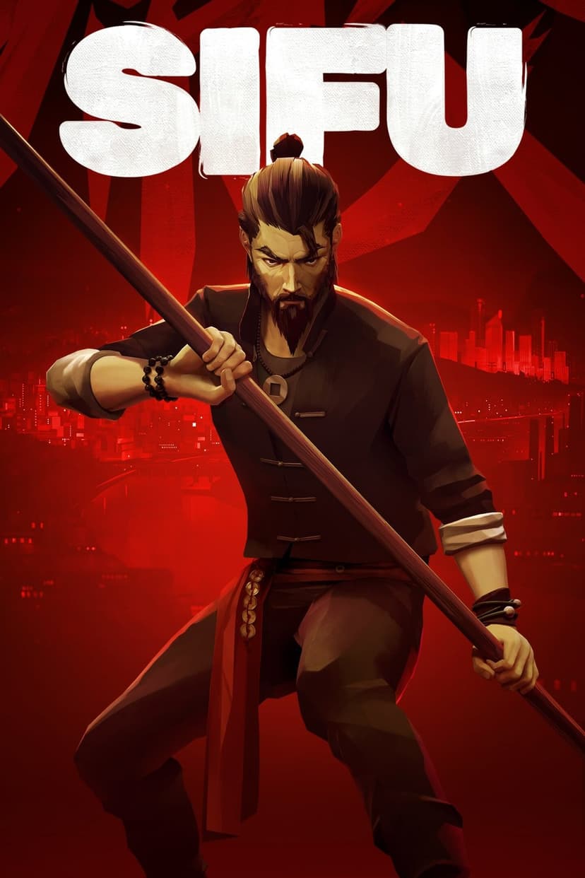Bearded martial artist in a black vest holding a long wooden staff against a red urban skyline background.