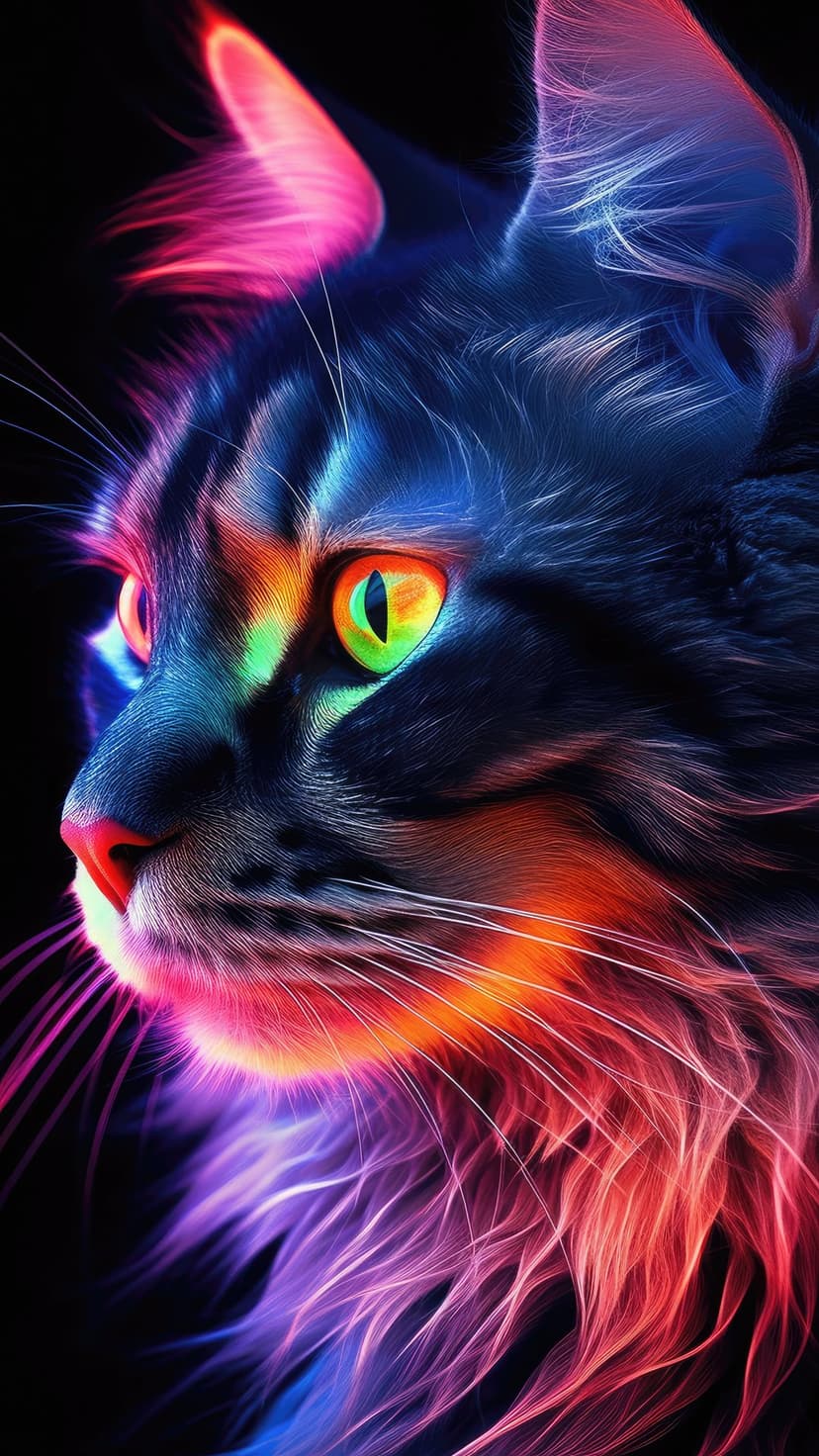 Cat face with glowing yellow eyes and neon pink fur highlights against a stark black background in portrait view.