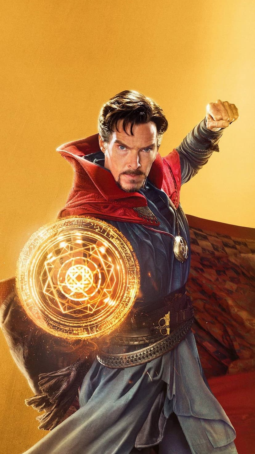 Doctor Strange raises a glowing orange mystic shield while wearing the Cloak of Levitation and blue robes.