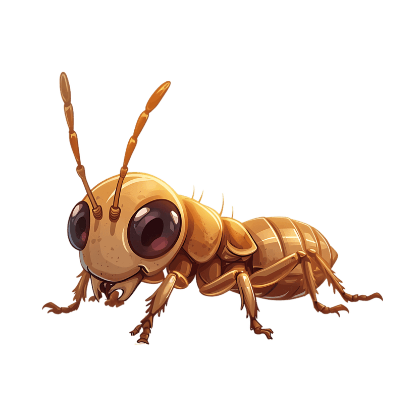 Orange ant character illustration with a segmented body, large eyes, and antennae on a transparent background.