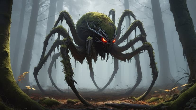 Giant moss-covered spider with glowing red eyes and sharp fangs crawls through a dense, foggy ancient forest.