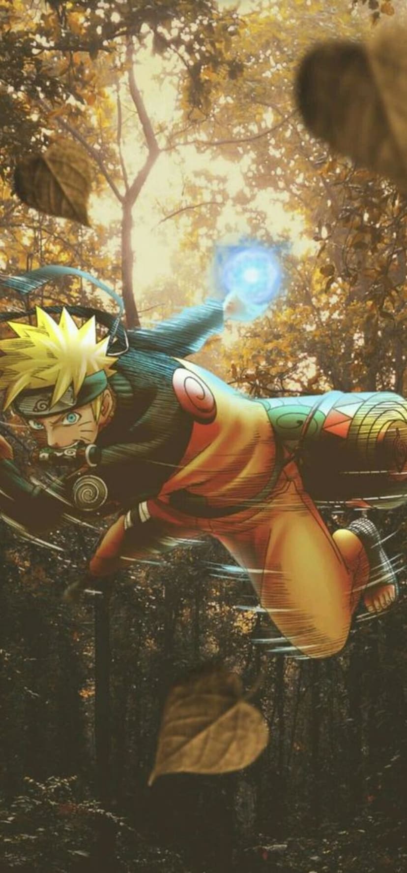 Naruto Uzumaki leaps mid-air with a glowing blue energy sphere in a sunlit forest with falling orange leaves.