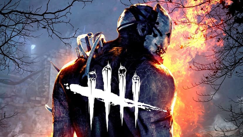 Masked muscular man with metal spikes in his back stands before fire with the Dead by Daylight logo over him.