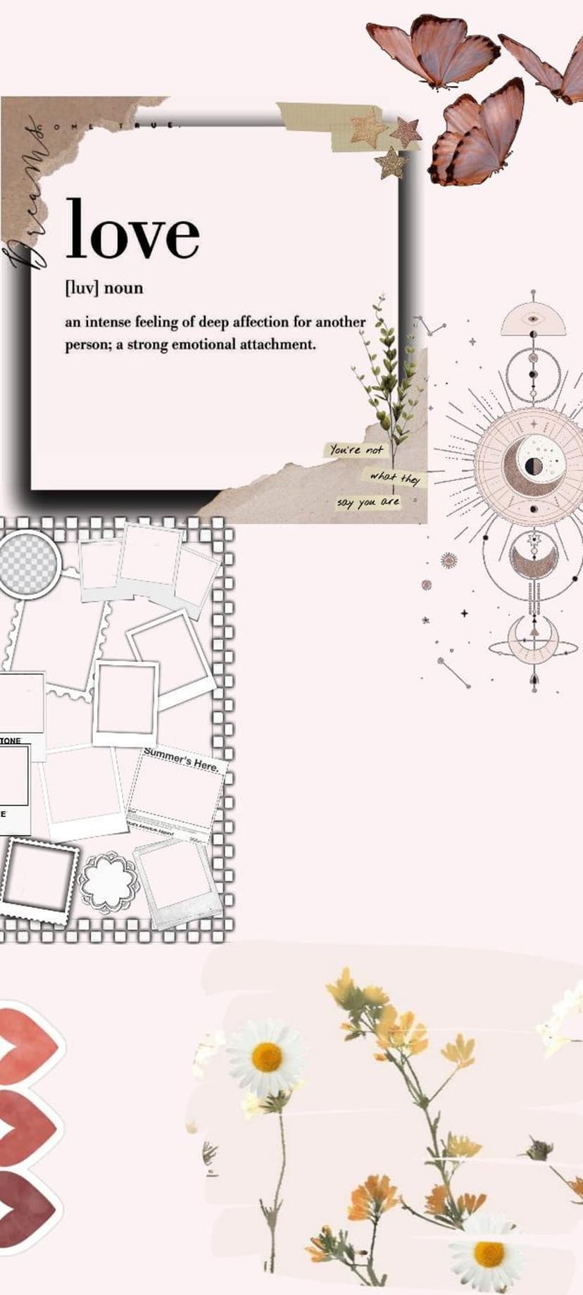 Text defining love is surrounded by butterflies, vintage photo frames, and pink flowers in a vertical collage.