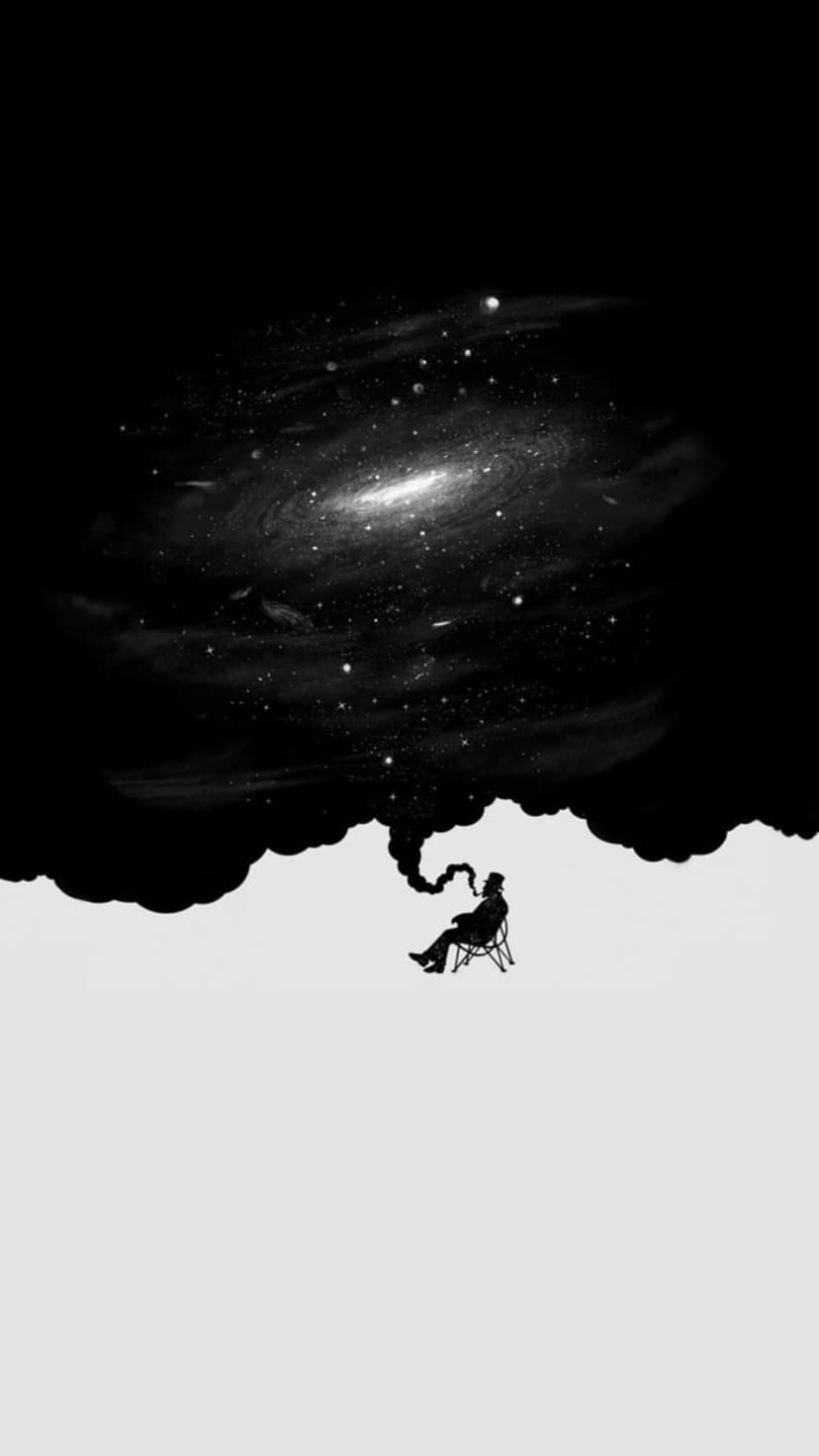 Man in a chair smoking a pipe with smoke clouds transforming into a spiral galaxy full of stars and nebulae.