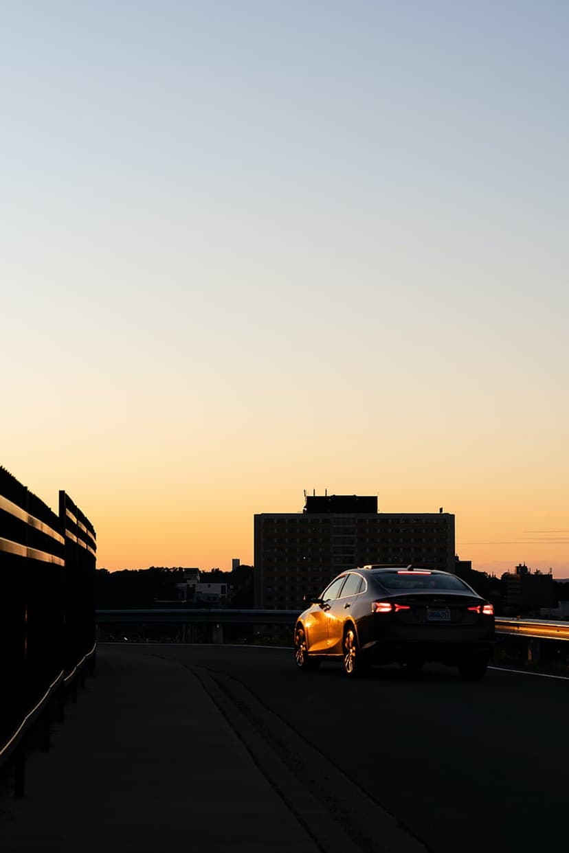 Dark sedan driving on a road toward a silhouetted city skyline under a vibrant orange and yellow sunset sky.