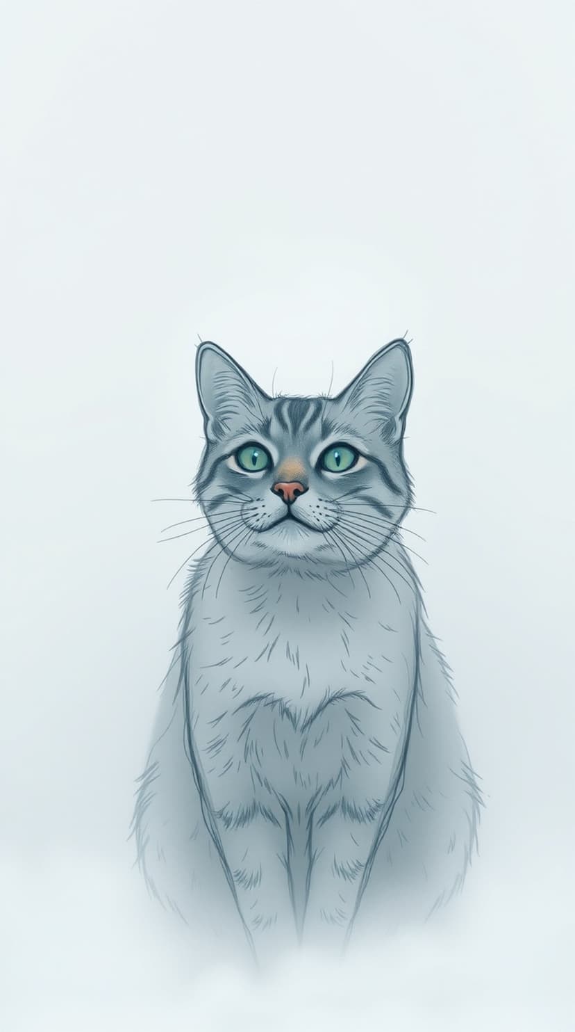Grey tabby cat with blue-green eyes and white whiskers sits against a soft white background in vertical format.