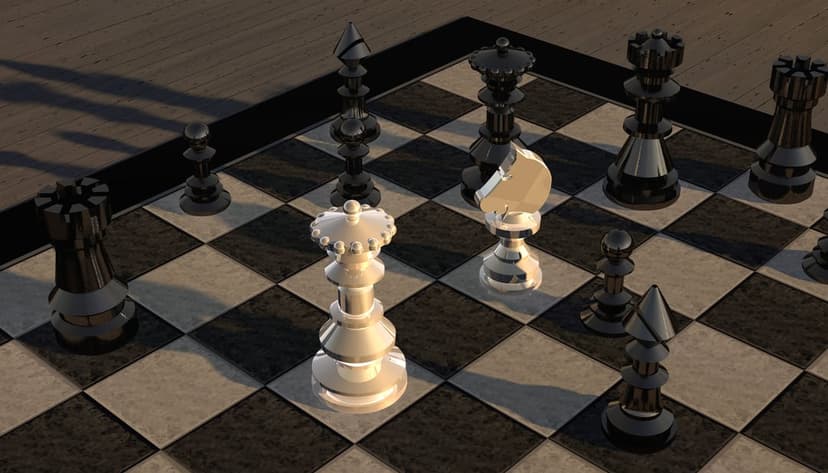 White queen chess piece stands centrally among black rooks and pawns on a reflective checkered board with shadows.