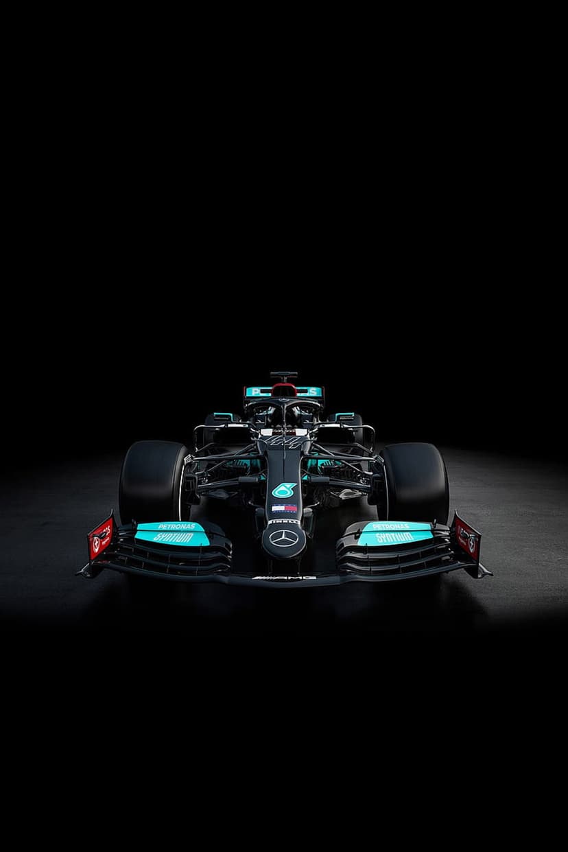 Mercedes-AMG F1 W11 racing car with teal accents and carbon fiber front wing in a dark studio setting.