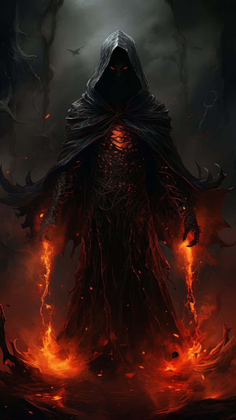 Grim reaper with glowing red eyes and flaming hands stands amidst a smoky, volcanic hellscape with embers.