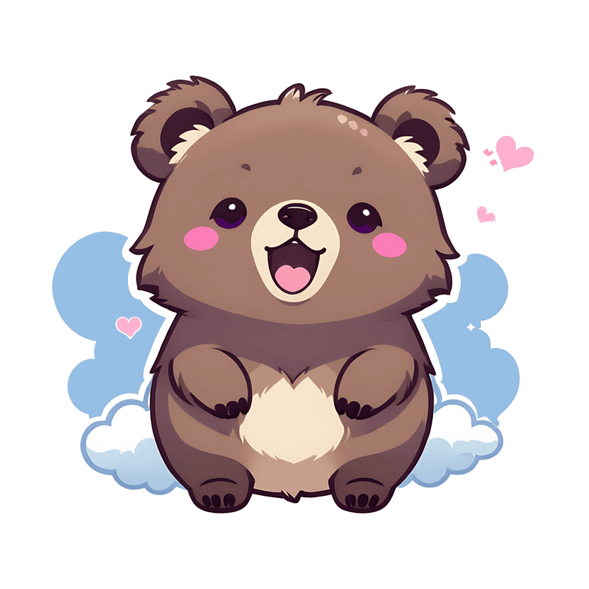 Brown bear cub sticker illustration sits on light blue clouds with pink hearts and a white outline border.