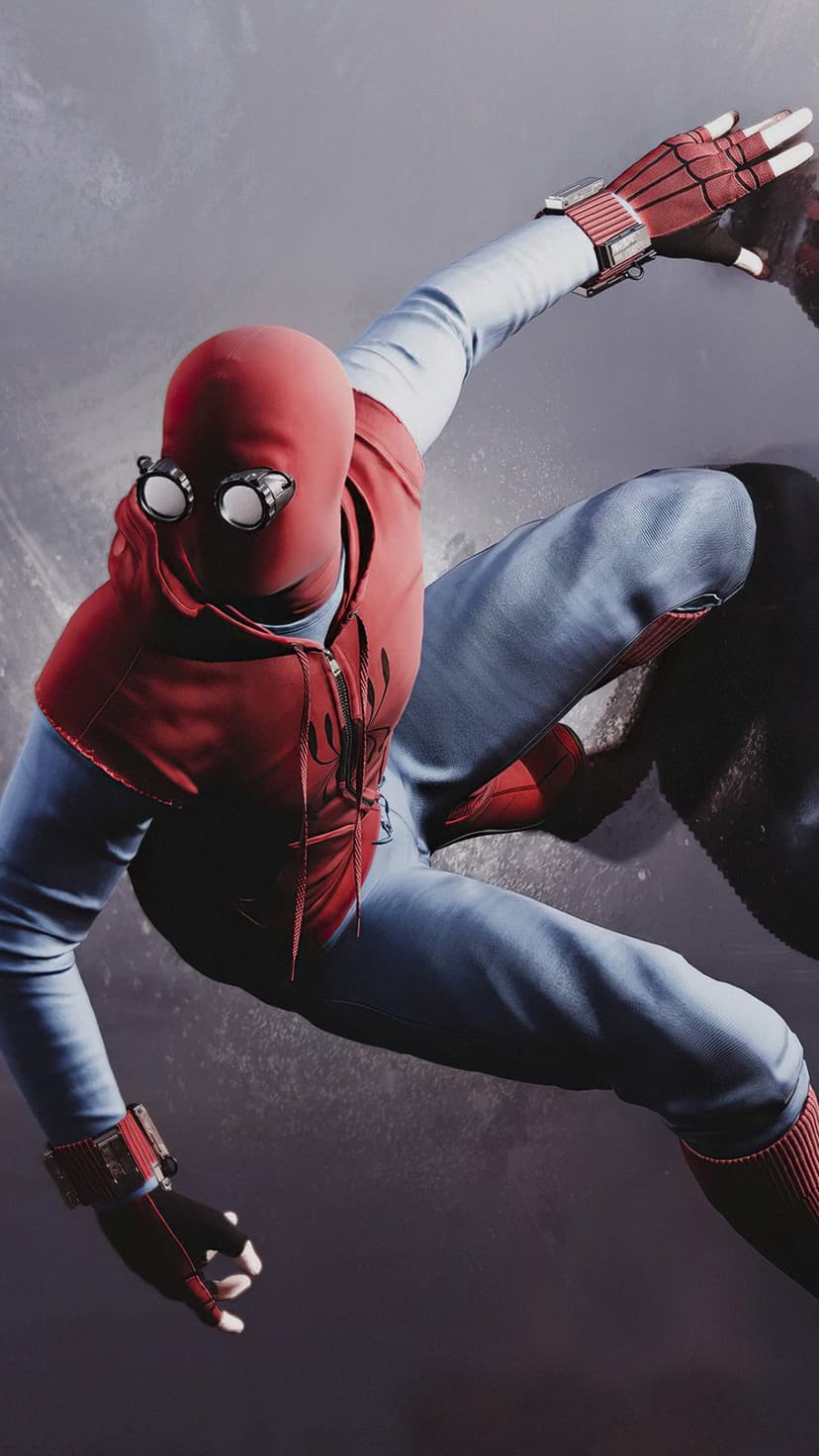 Spider-Man in a red hooded vest and blue pants crouches mid-air wearing mechanical goggles and web shooters.