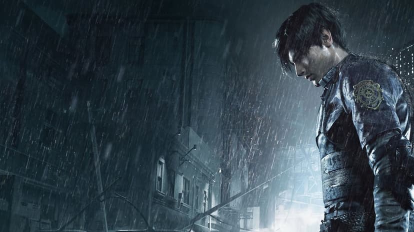 Leon Kennedy in RPD uniform stands in heavy rain against a dark urban building backdrop at night.
