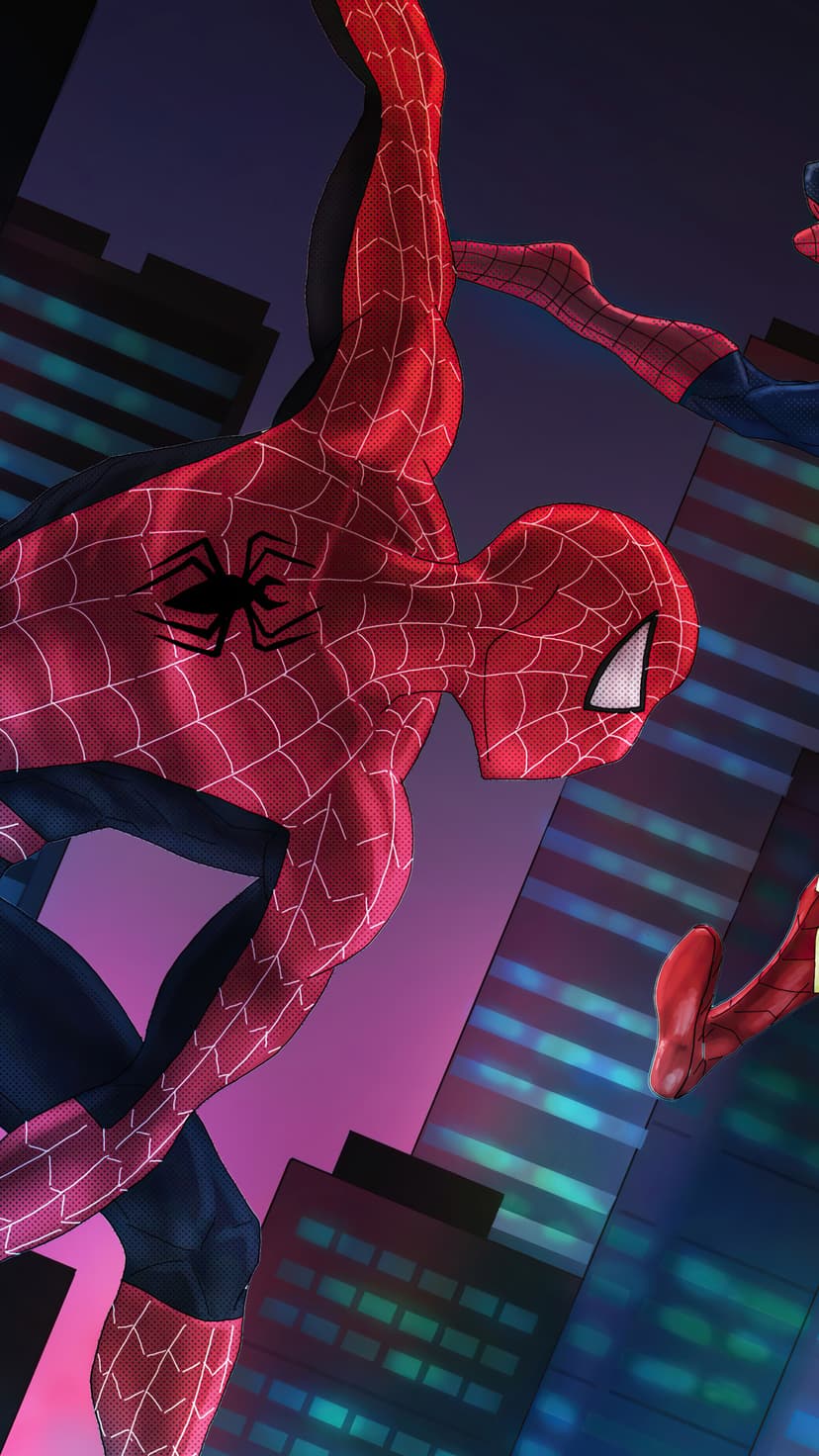 Spider-Man swings on a web line between tall buildings lit by bright neon lights in a stylized night city.
