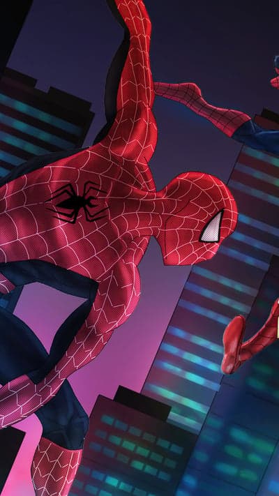 Spider-Man swinging through a vibrant, stylized cityscape at night