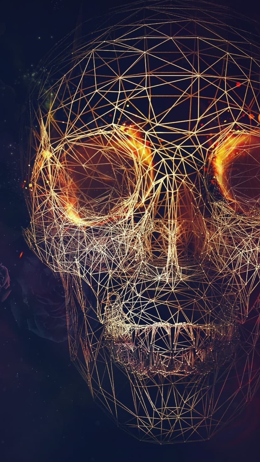 Human skull made of golden geometric lines with glowing orange eyes against a dark purple and blue starry void.