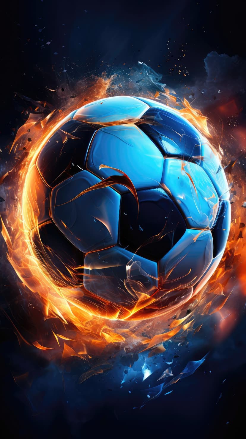 Soccer ball engulfed in brilliant blue flames and orange energy sparks against a dark, shadowy background.