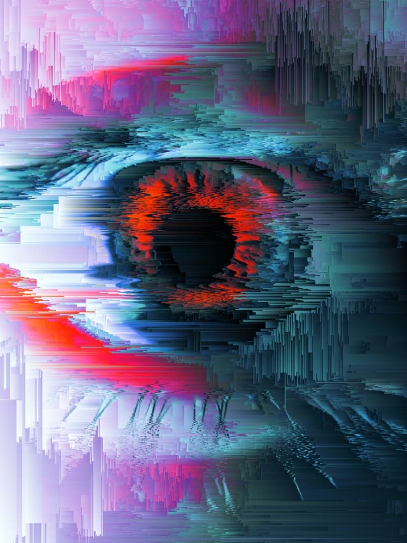 Human eye with a glowing red iris surrounded by blue and purple pixelated glitch distortions and scan lines.