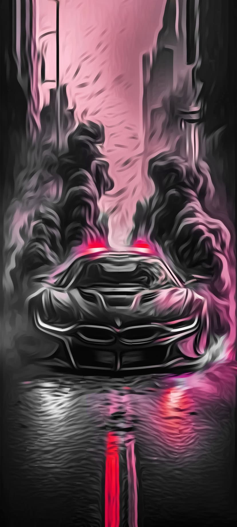 Neon pink sports car with glowing red headlights emerging from thick fuchsia smoke on a wet city street.