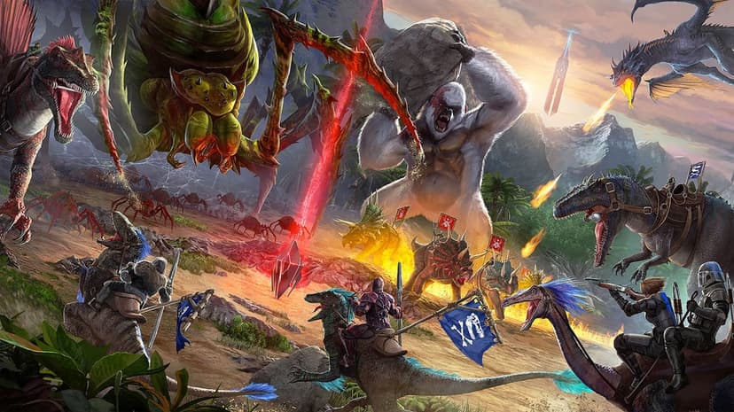 Epic battle between a giant white gorilla, a massive spider, and armored dinosaurs during a sunset.