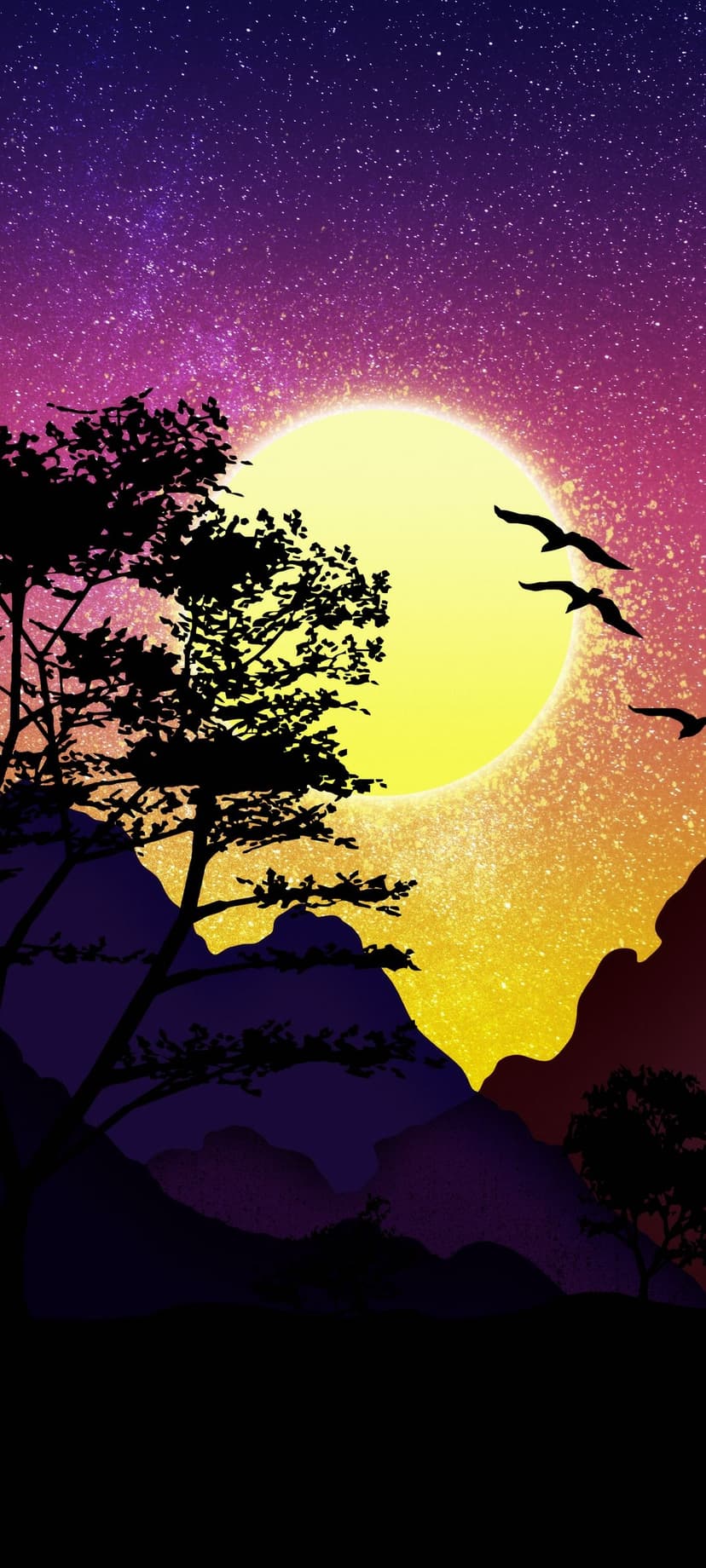 Migrating birds glide past a massive yellow moon and jagged mountain peaks under a starry purple sky.