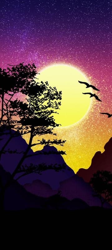 Silhouette Birds Fly Past Giant Moon Over Mountains