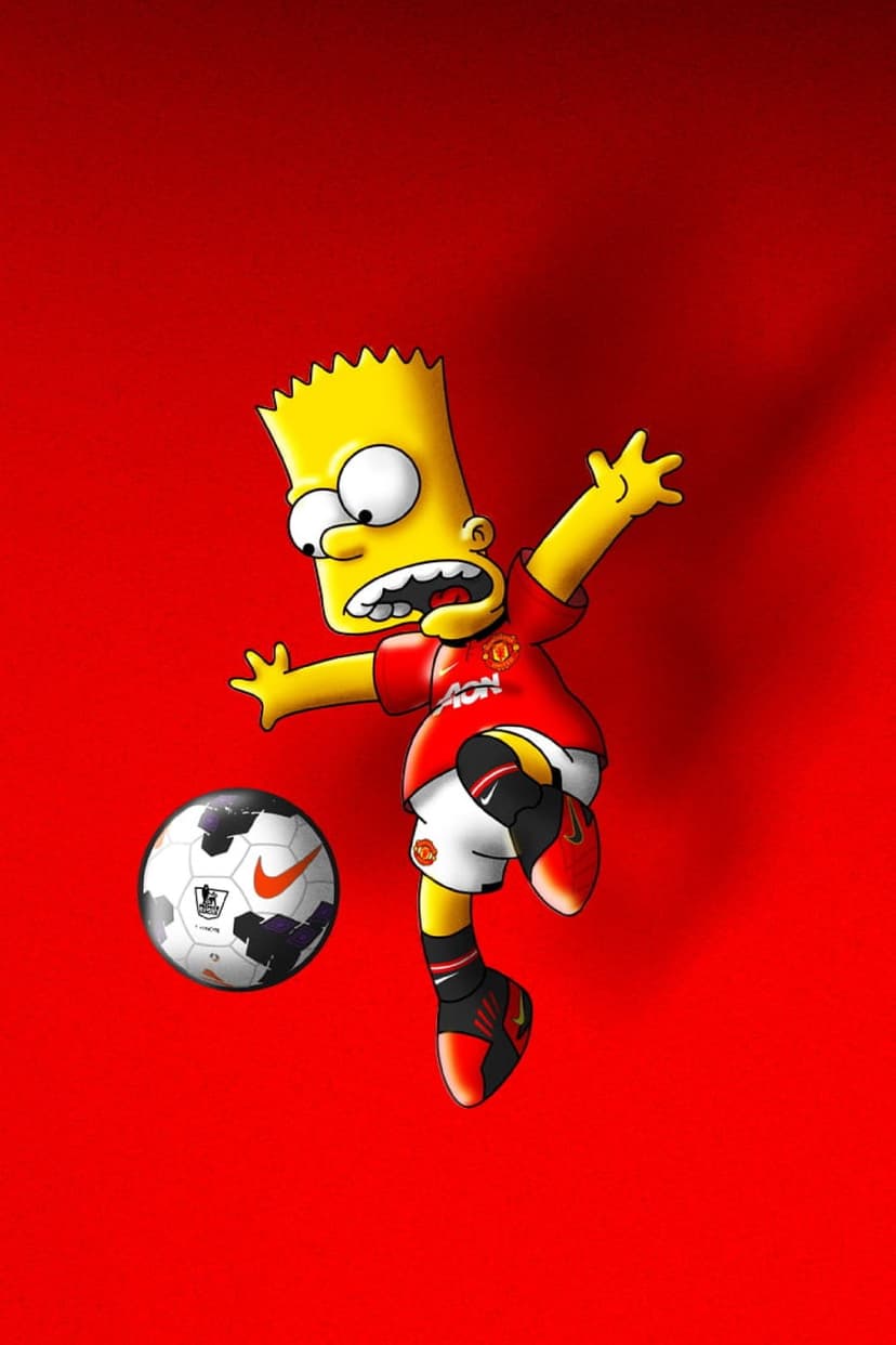 Bart Simpson in a red Manchester United jersey kicks a soccer ball against a solid bright red background.