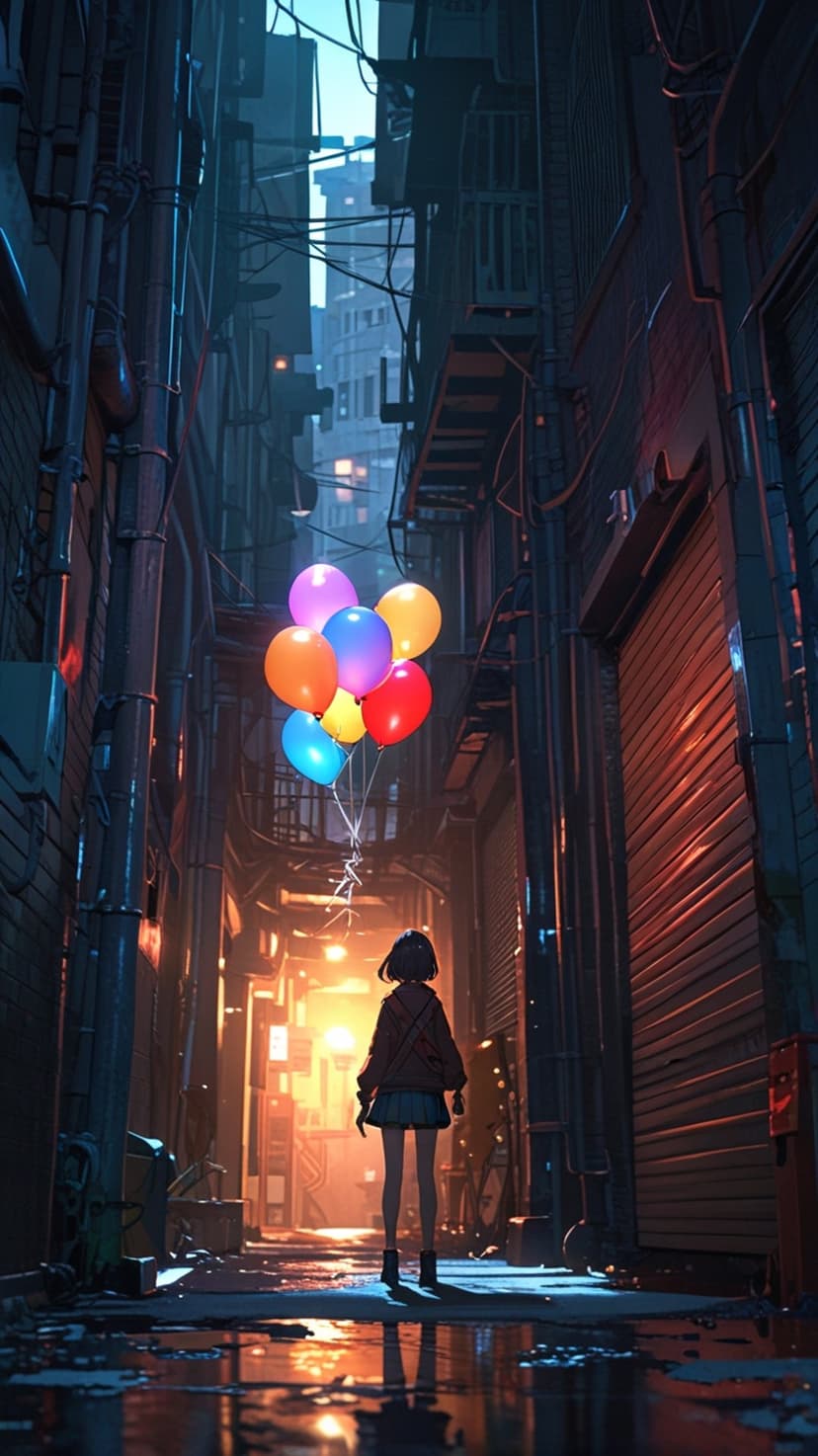 Girl holding colorful balloons stands in a dark rainy alleyway illuminated by neon city lights and reflections.