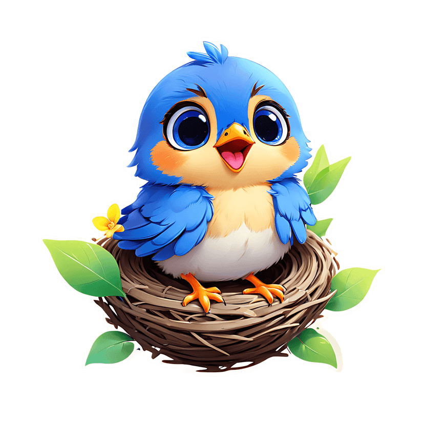 Blue bird in a wicker nest featuring green leaves and a yellow blossom with soft fluffy textures and glossy outlines.
