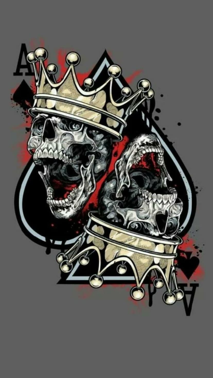 Screaming skulls wearing ornate crowns positioned over a spade emblem with red and black ink splatters.