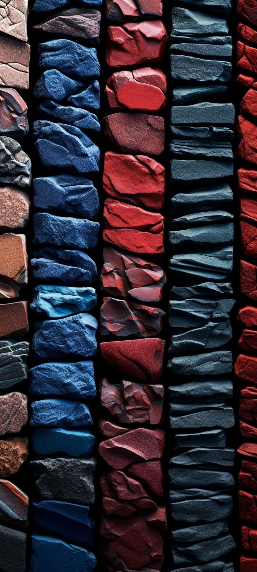 Vertical columns of stacked blue and red stones with rough, textured surfaces arranged in a geological pattern.