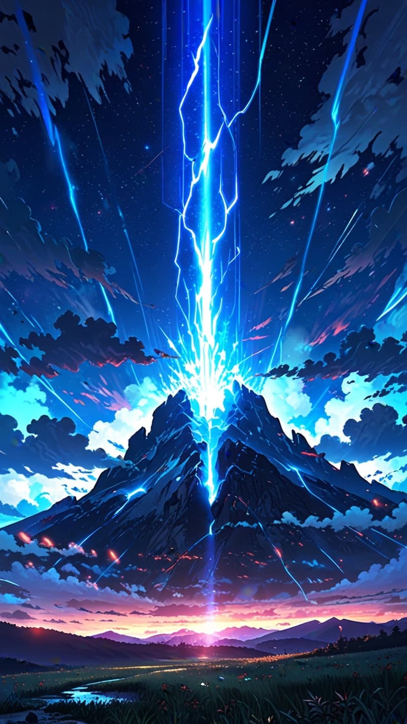 Jagged mountain peak struck by blue lightning during a golden sunrise with a winding river in the foreground.