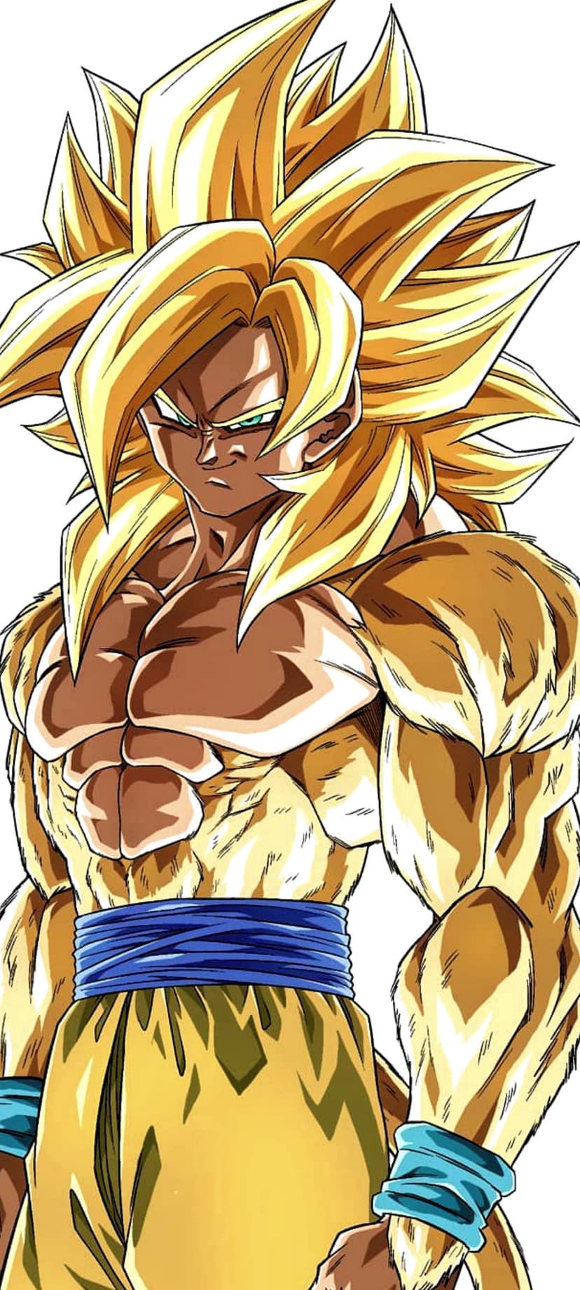 Goku stands in Super Saiyan 3 form with long spiky golden hair and a muscular build in an orange and blue gi.