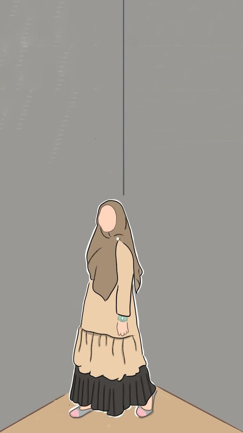 Muslim woman wearing a brown hijab and flowing beige dress stands poised in a minimalist artistic style.