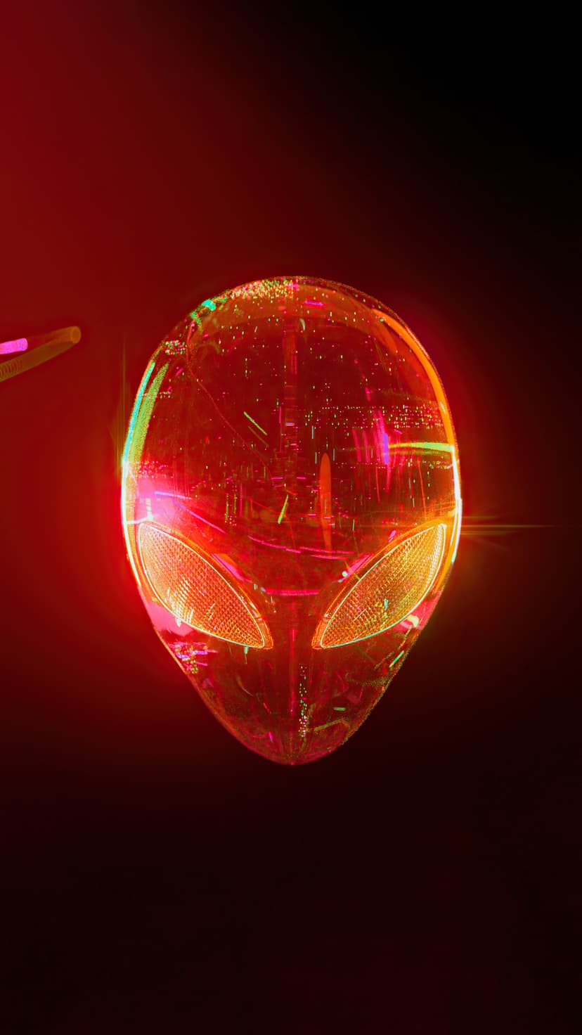 Luminous red alien head with intricate internal circuitry and orange glow against a solid black background.