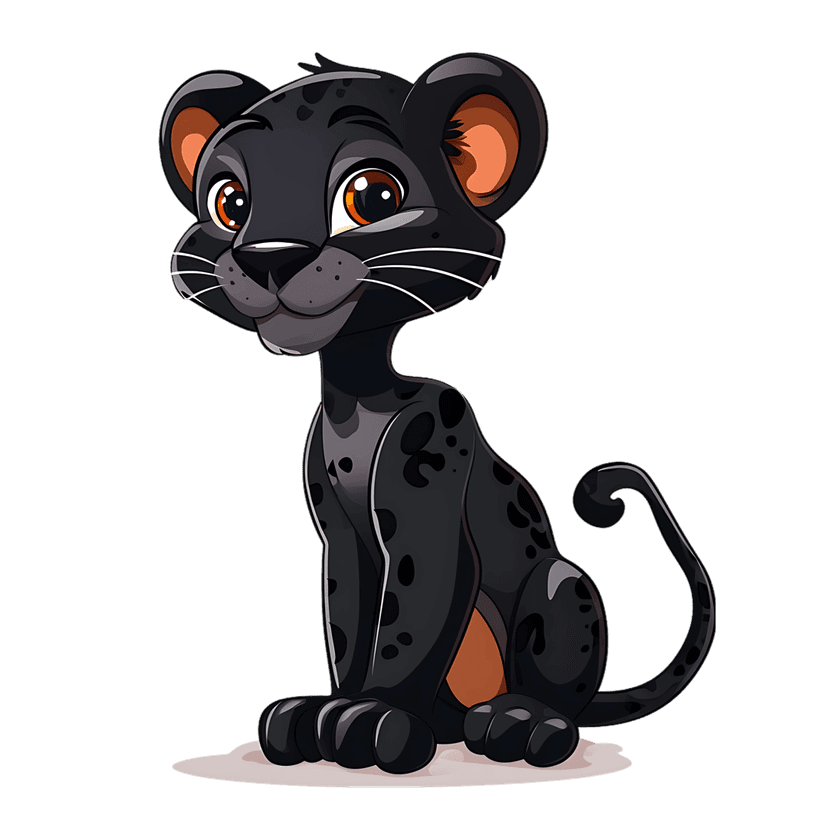 Black panther cub sitting illustration with large eyes, dark spotted fur, and a curled tail on transparency.