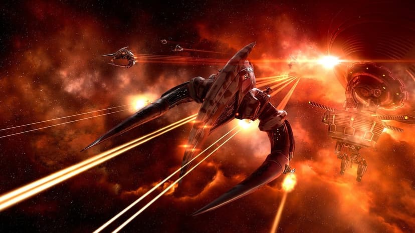 A curved alien starship fires orange lasers against a backdrop of a fiery red nebula and a space station.