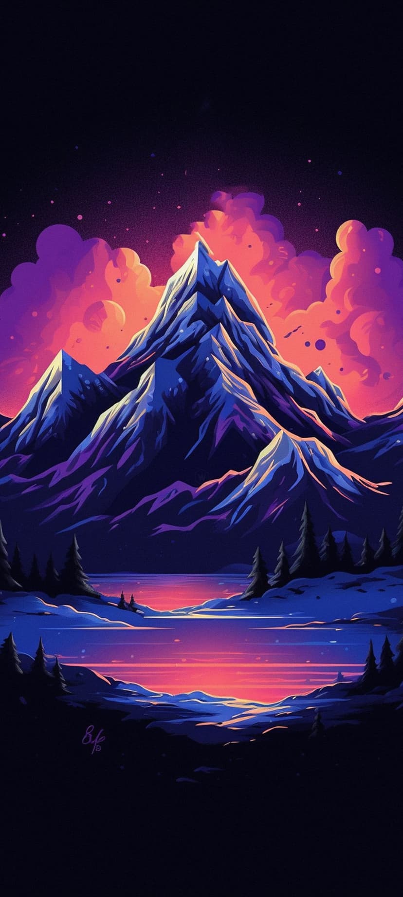 Snow-capped mountain peaks reflect in a calm lake under a swirling purple and pink starry cosmic sunset.